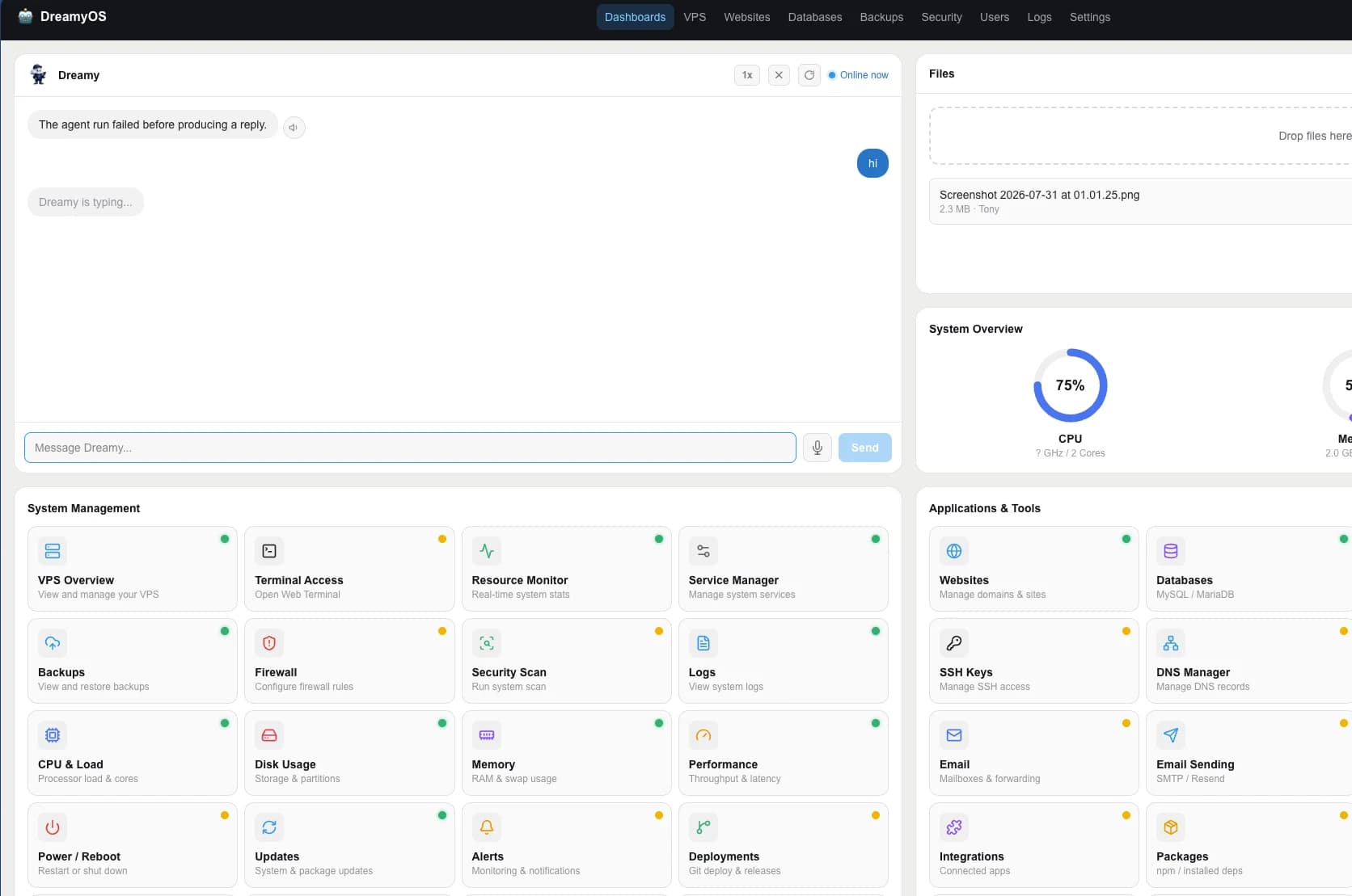 The DreamyOS server control panel