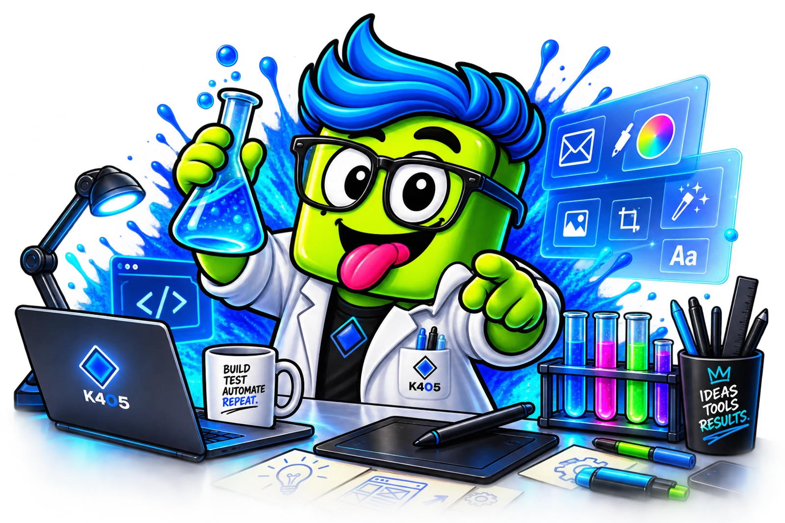 The K4O5 lab character in a white coat holding a flask, at a desk of design and code tools